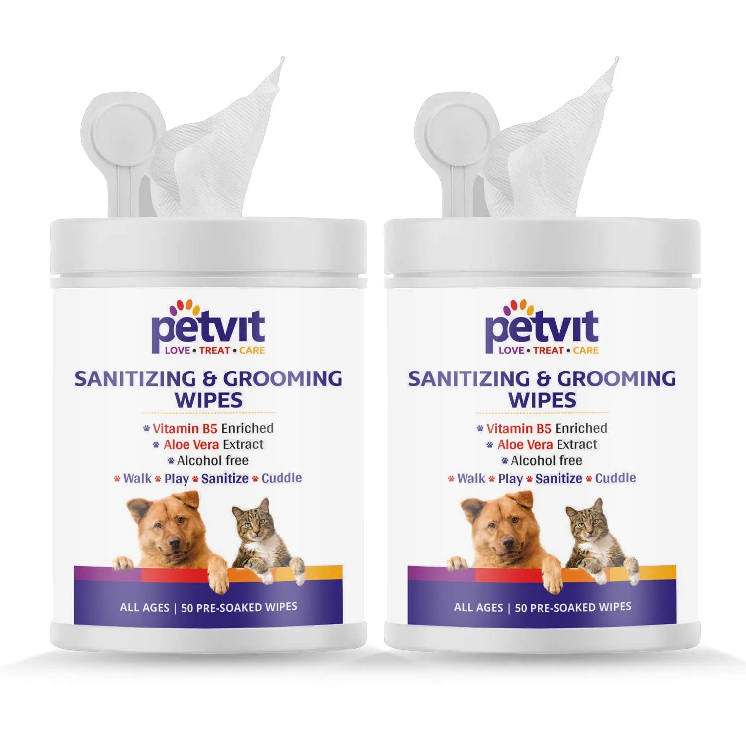 Petvit Cleansing & Grooming Wipes for Dog and Cat Enriched with Vitamin B5 and Aloe Vera - 50 Wipes | Pack of 2