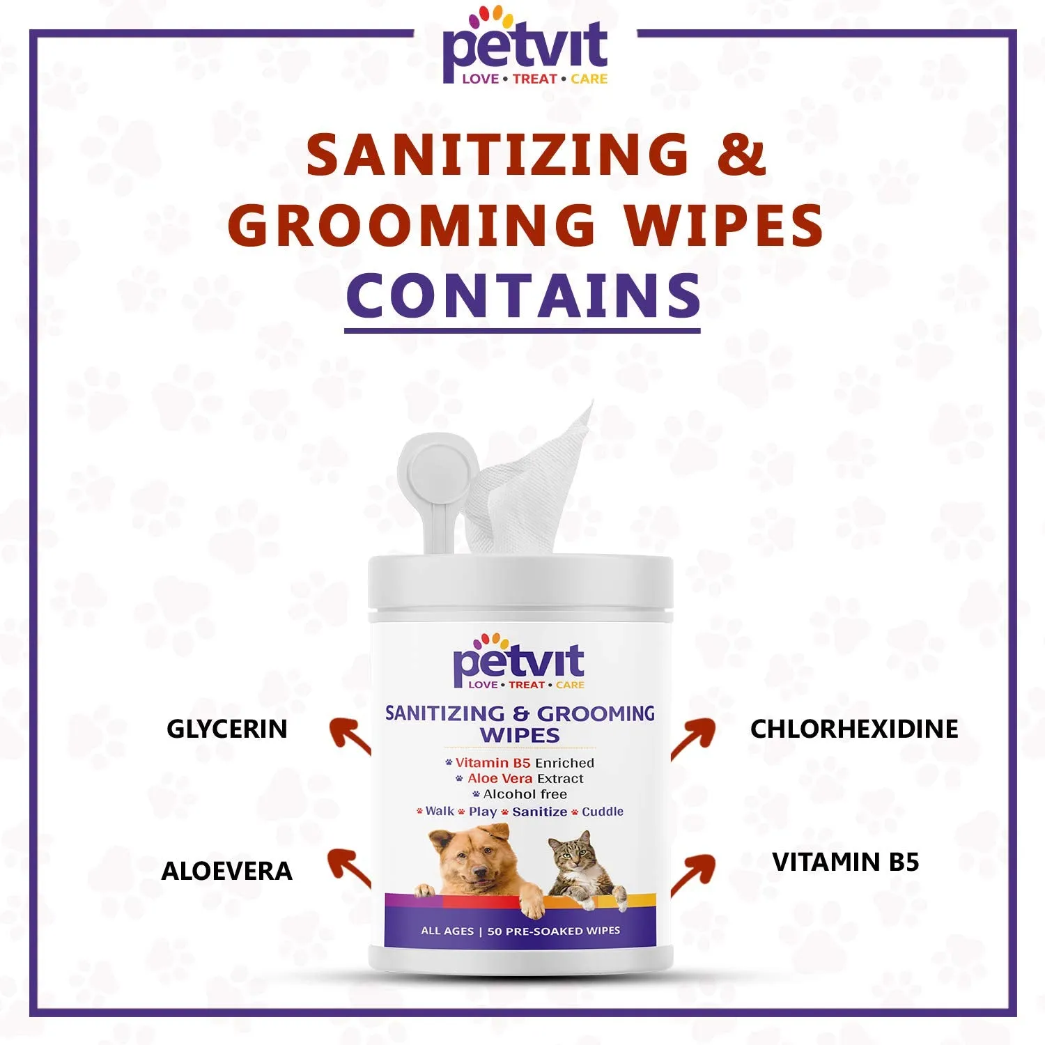 Petvit Cleansing & Grooming Wipes for Dog and Cat Enriched with Vitamin B5 and Aloe Vera - 50 Wipes | Pack of 2