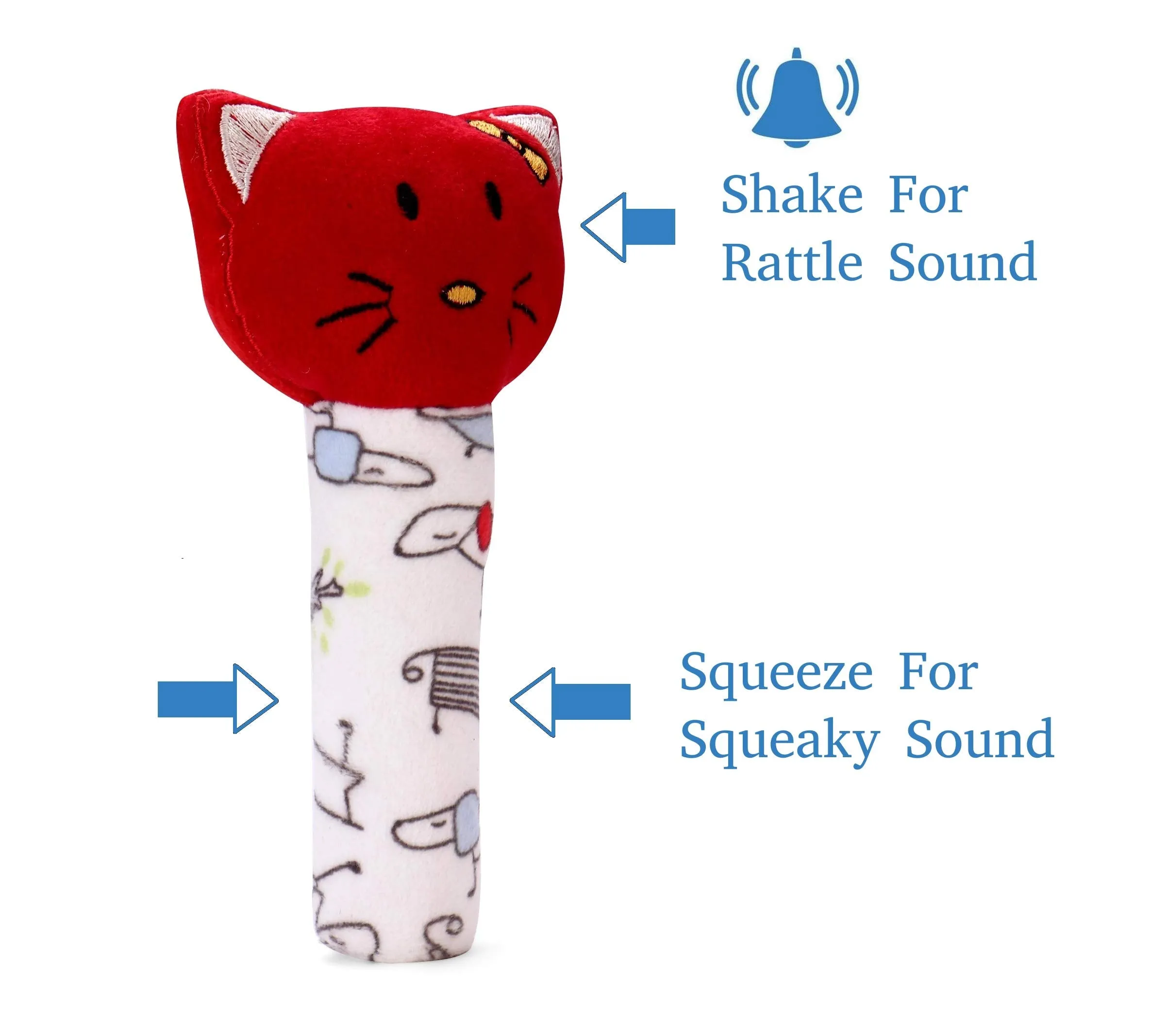 Pikipo Kitty Face Rattle Soft Toy with Squeeze Handle for Squeaky Sound (Red)