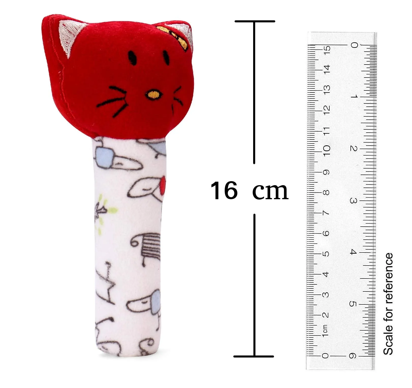 Pikipo Kitty Face Rattle Soft Toy with Squeeze Handle for Squeaky Sound (Red)