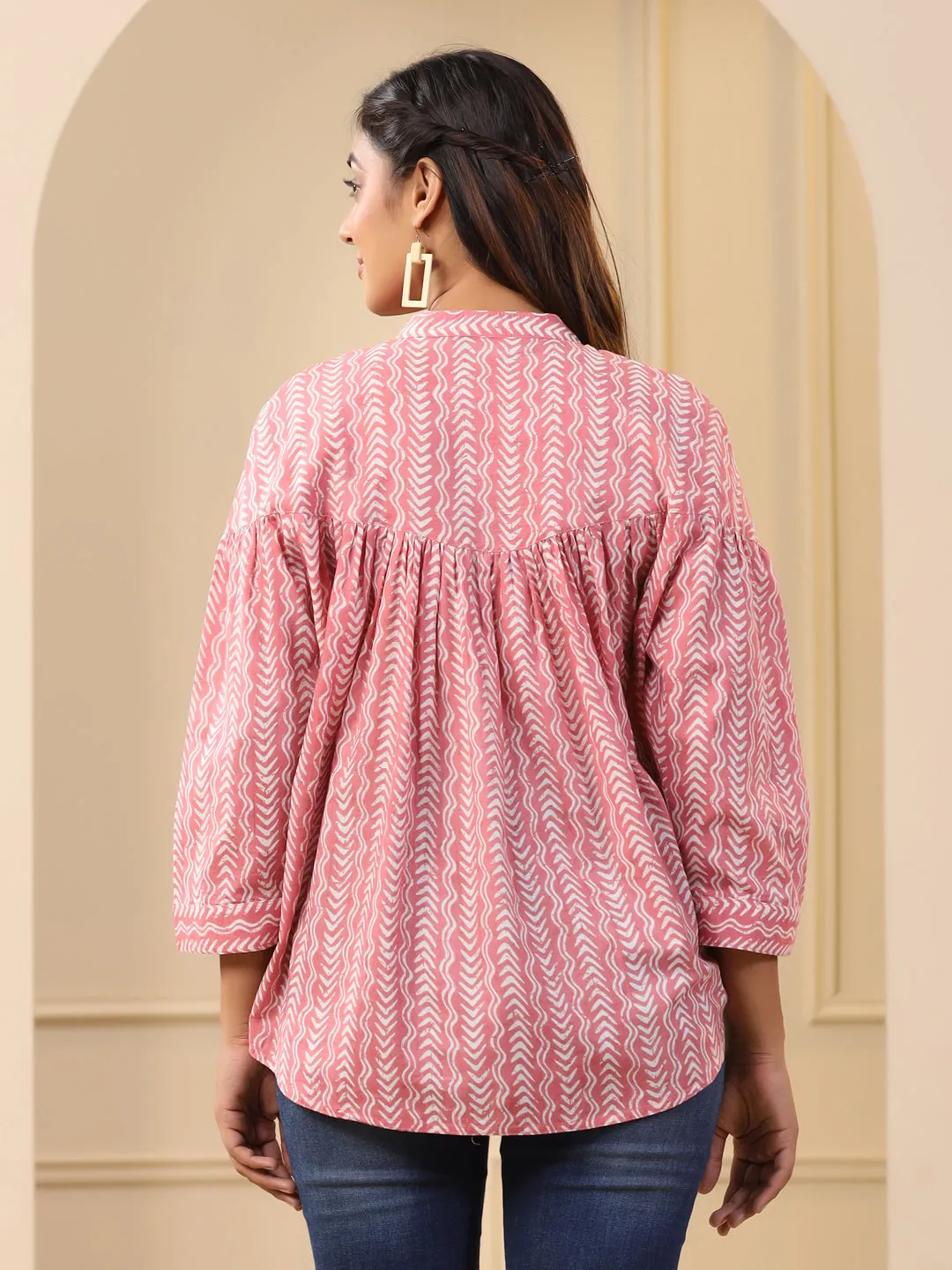 Pink Gathered Loose Fit Printed Top