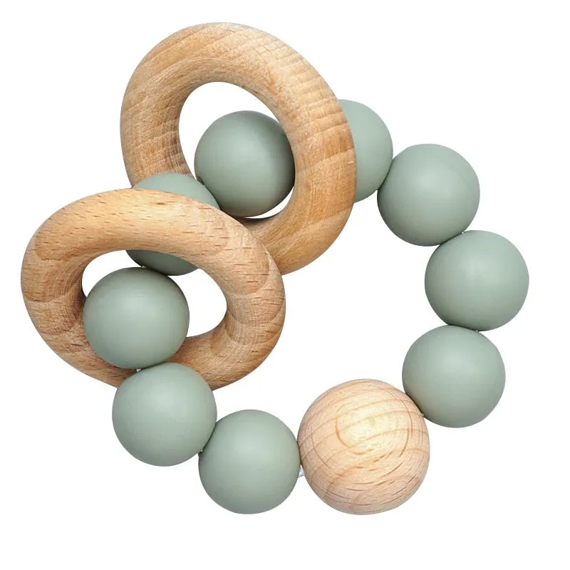 Teething Wood Rattles Toys Baby Nursing Bracelets Silicone Teether.