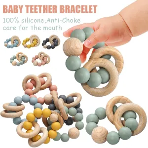 Teething Wood Rattles Toys Baby Nursing Bracelets Silicone Teether.