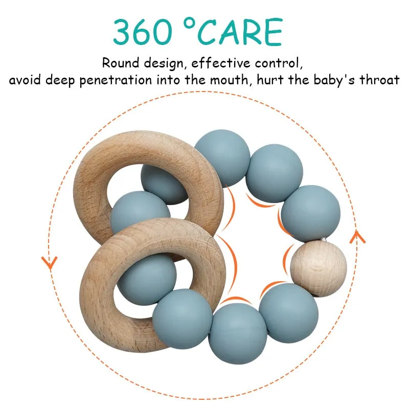 Teething Wood Rattles Toys Baby Nursing Bracelets Silicone Teether.