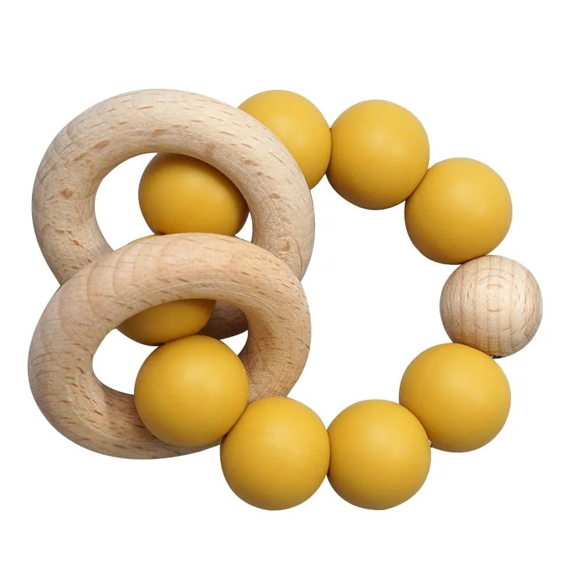 Teething Wood Rattles Toys Baby Nursing Bracelets Silicone Teether.