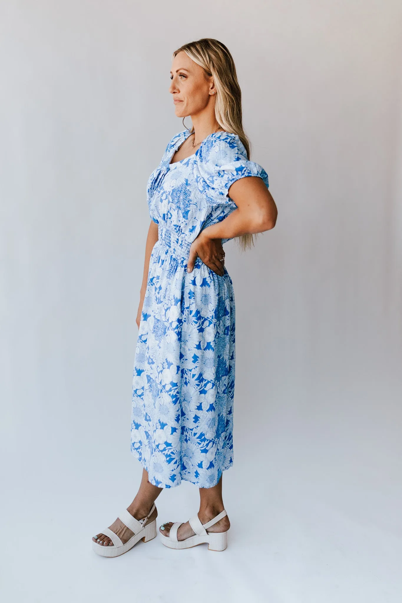 The Challis Smocked Detail Dress in Blue Floral