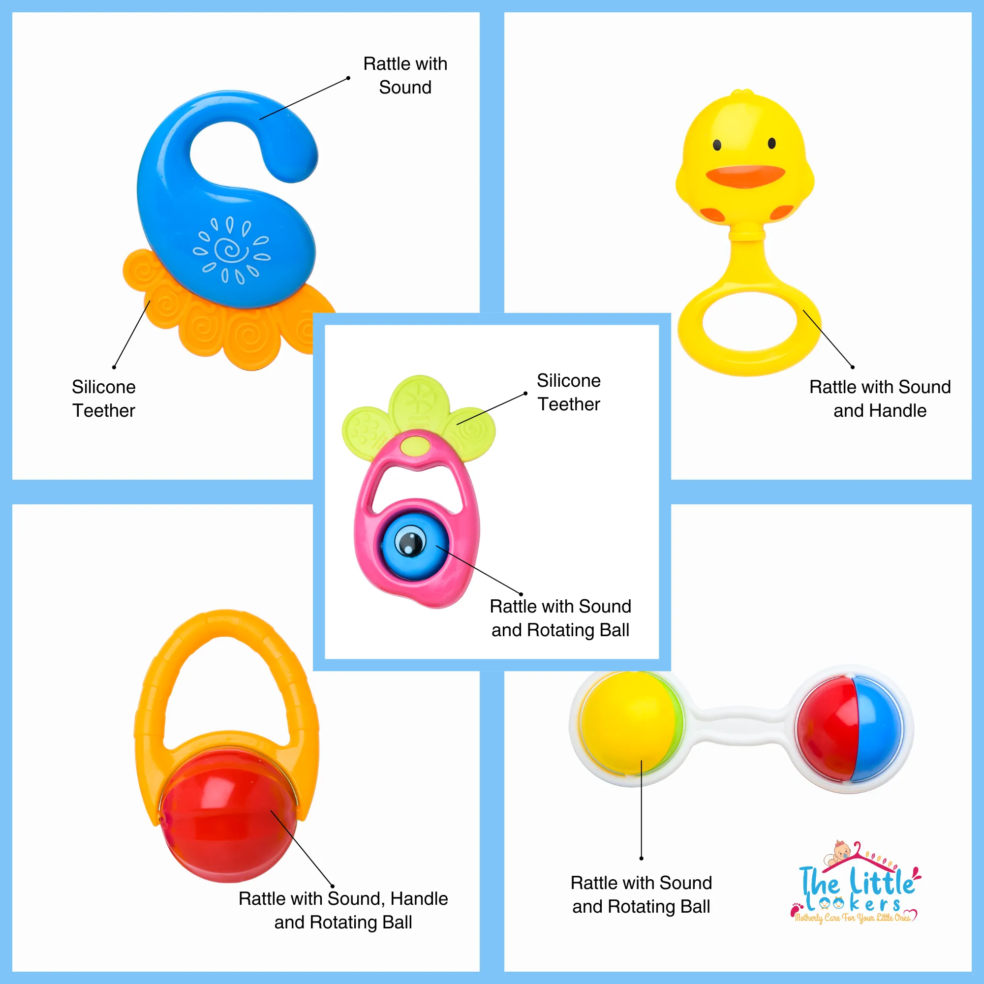 THE LITTLE LOOKERS Colorful Cute Attractive BPA Free Activity Rattles and Teethers for Infants/Babies/Kids/Toddlers | Set of 5