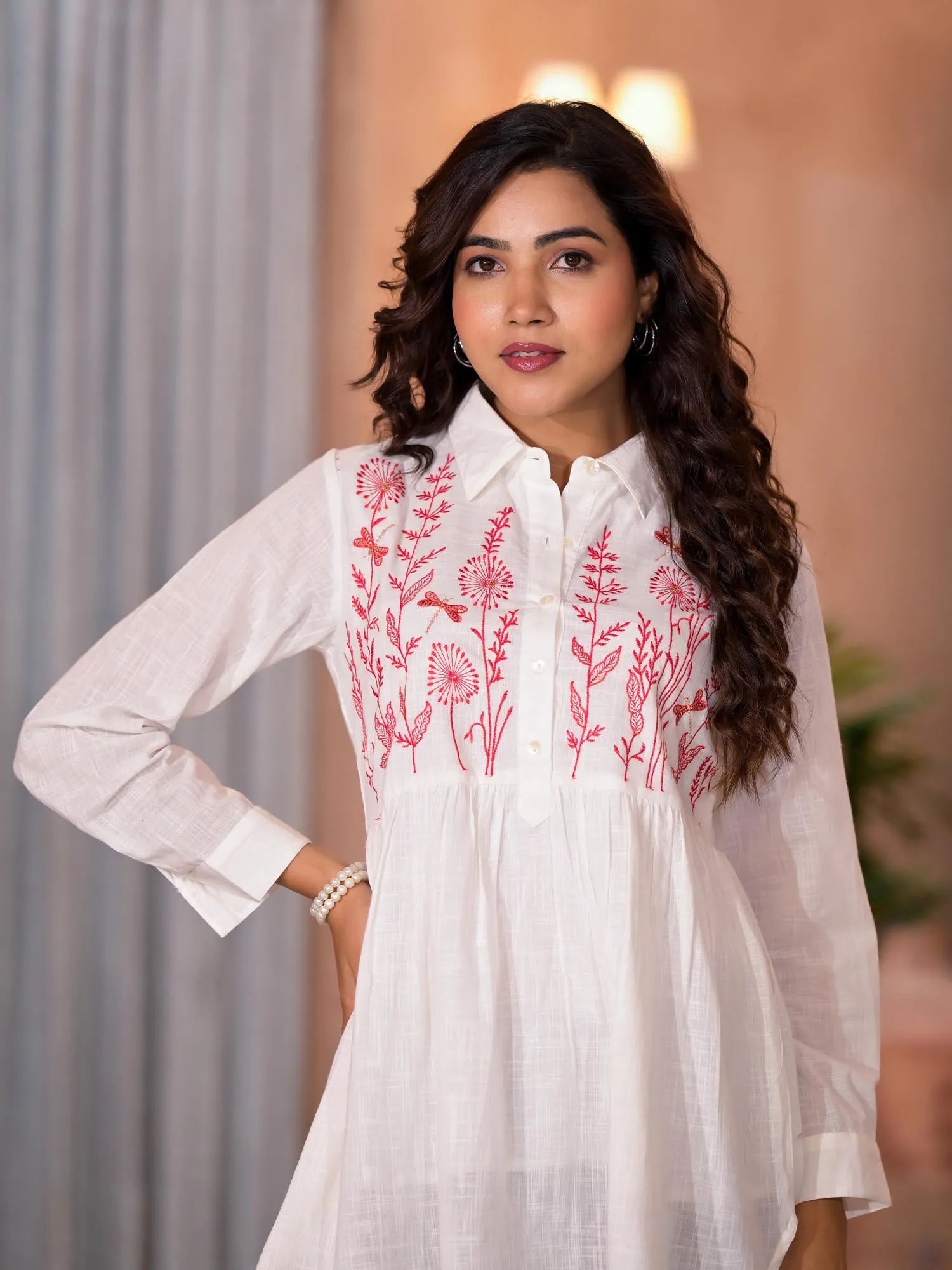 White Thread Embroidered Cotton Tunic With Button Closure