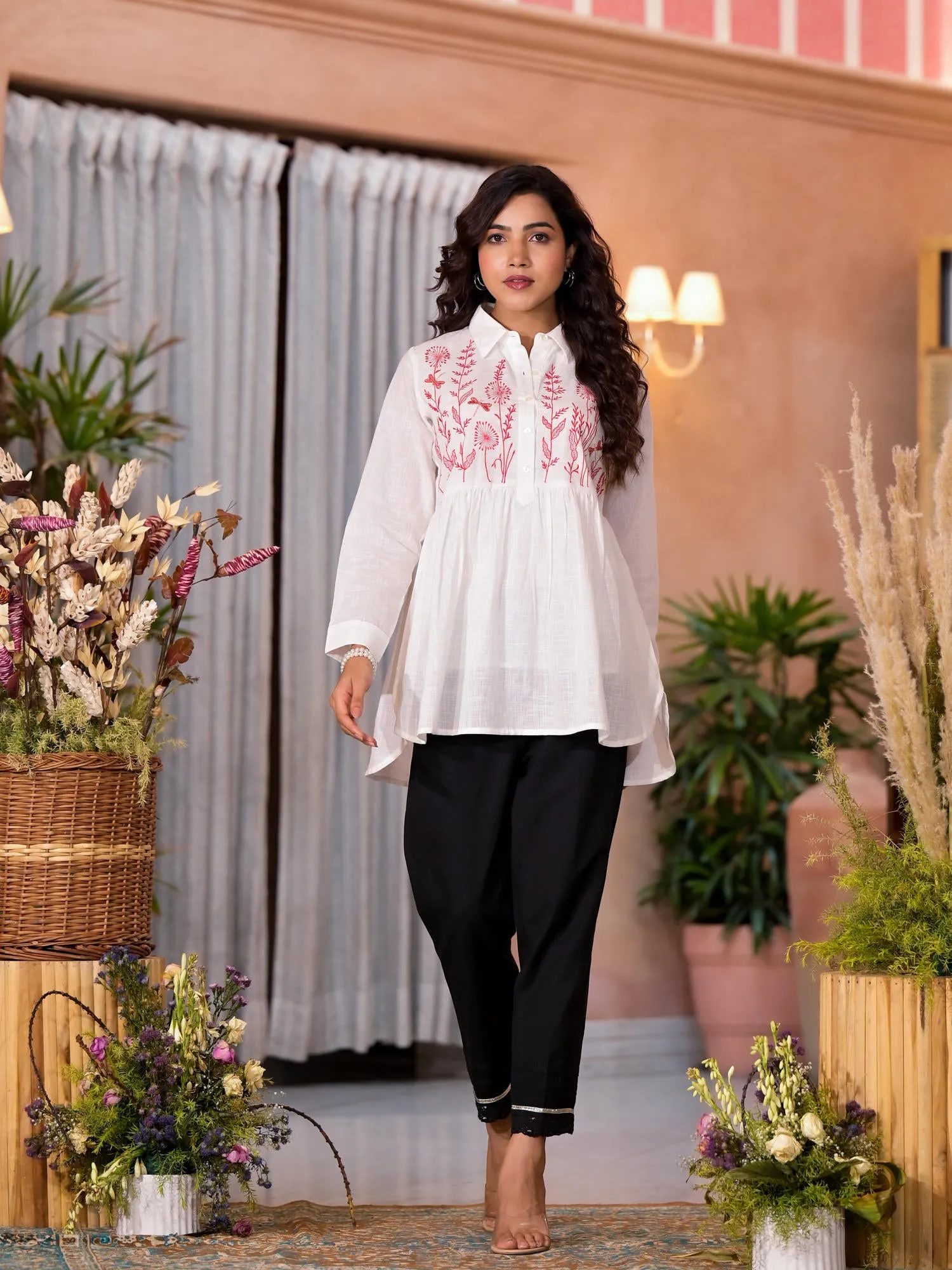 White Thread Embroidered Cotton Tunic With Button Closure