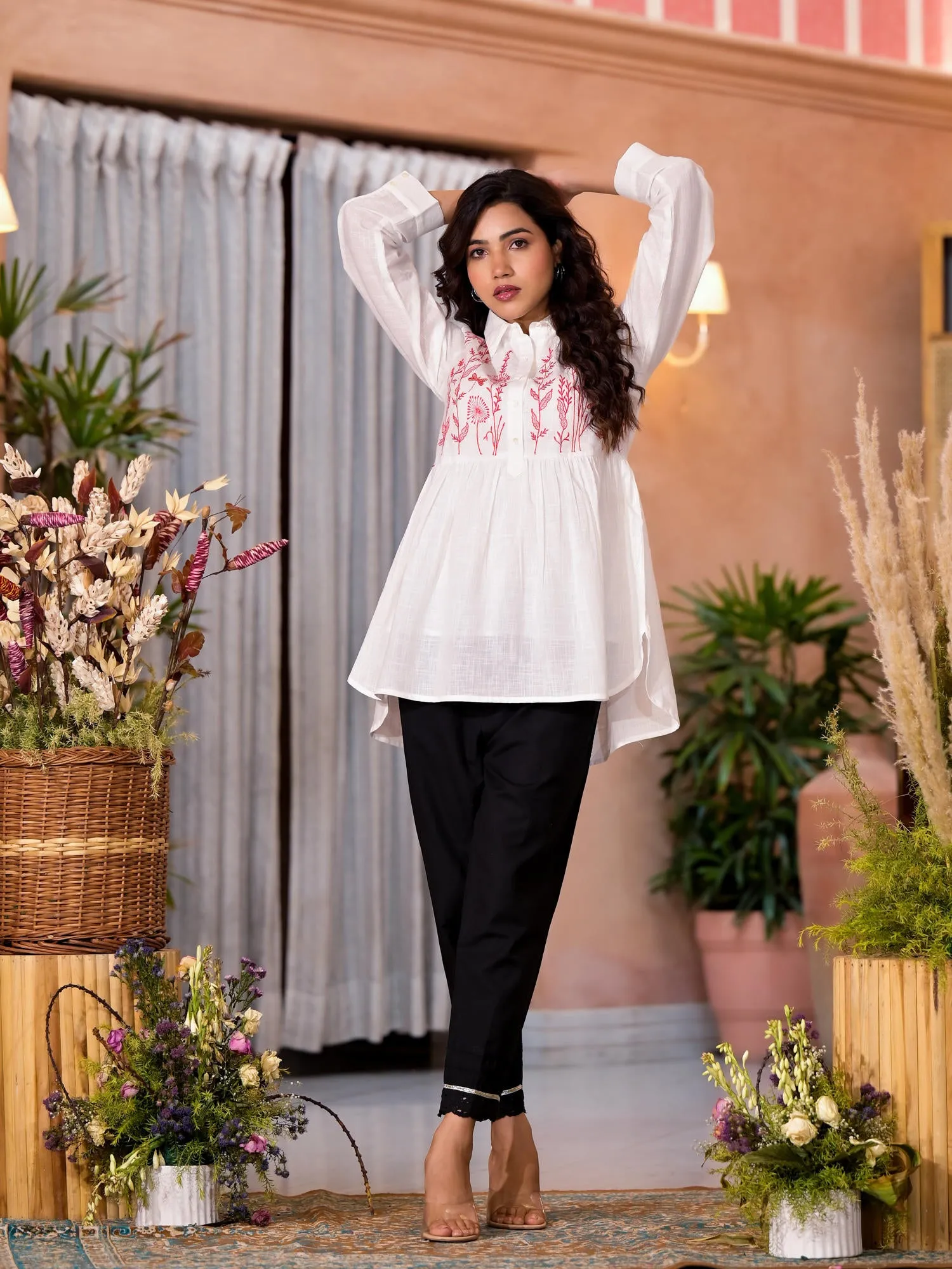 White Thread Embroidered Cotton Tunic With Button Closure