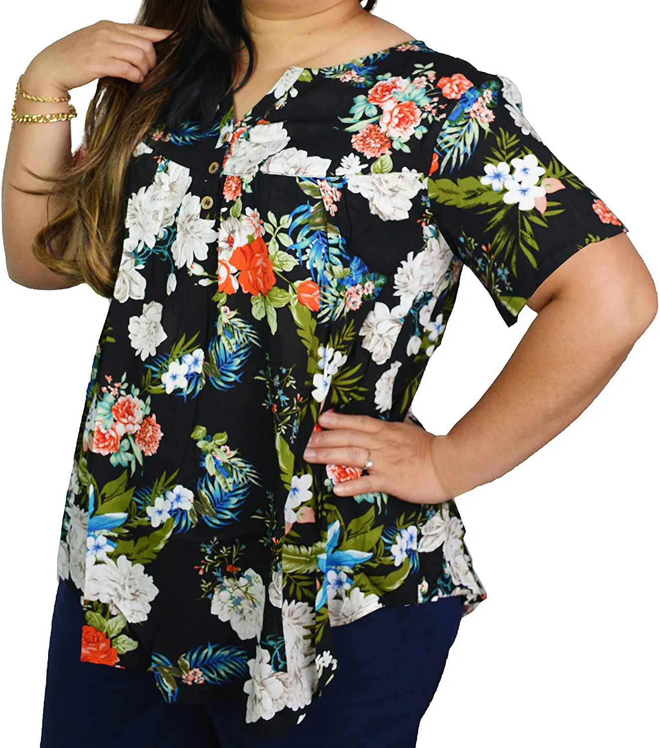 Women's Plus Size Floral Blouses Henley V Neck Button Up Top Ruffle Flowy Short Sleeve Tunics