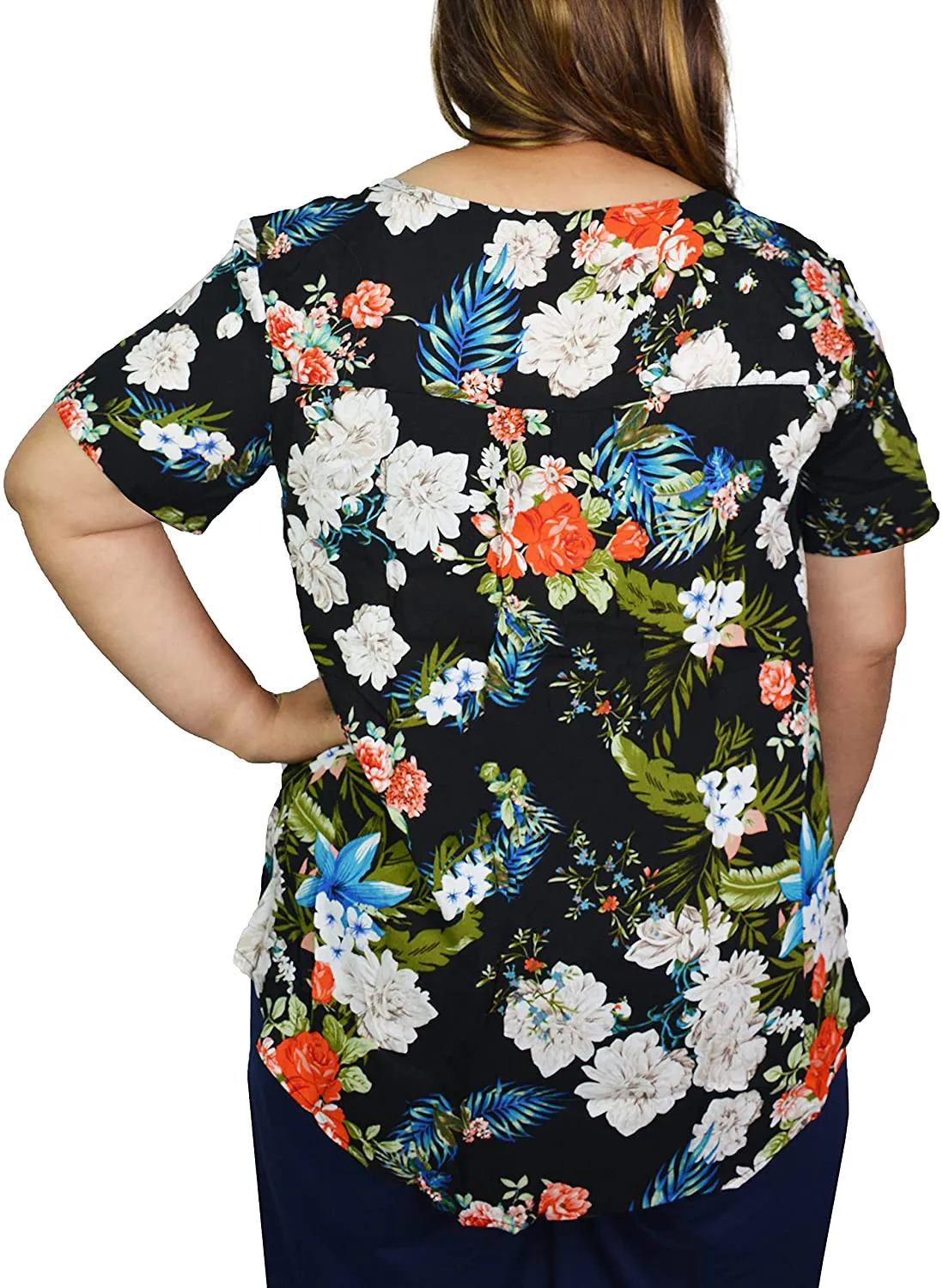 Women's Plus Size Floral Blouses Henley V Neck Button Up Top Ruffle Flowy Short Sleeve Tunics