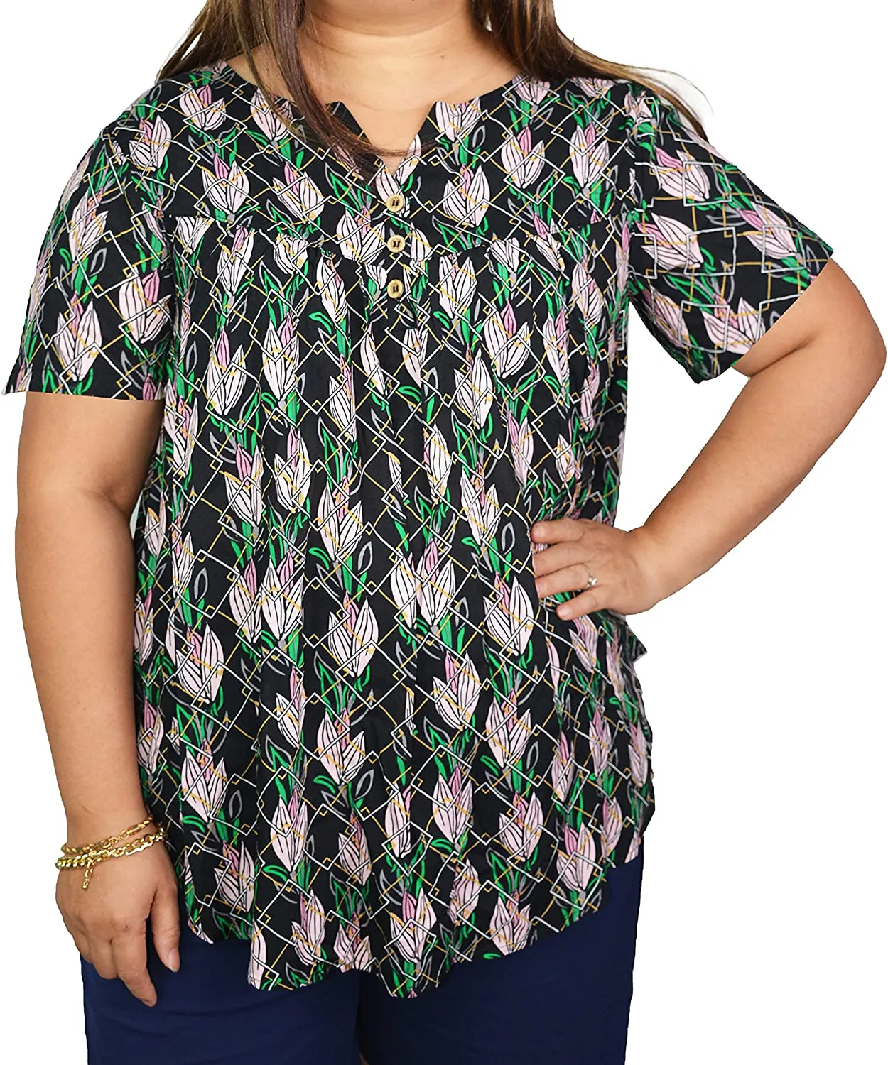 Women's Plus Size Floral Blouses Henley V Neck Button Up Top Ruffle Flowy Short Sleeve Tunics